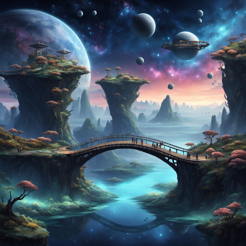 Sci-Fi Islands Connected by Rope Bridges in Cosmic Nebula