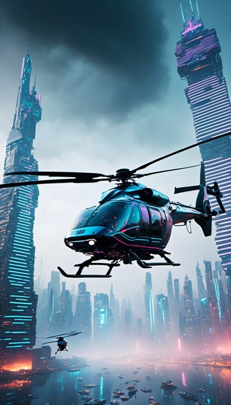 Cyberpunk Police Helicopter in Neon Cyberspace