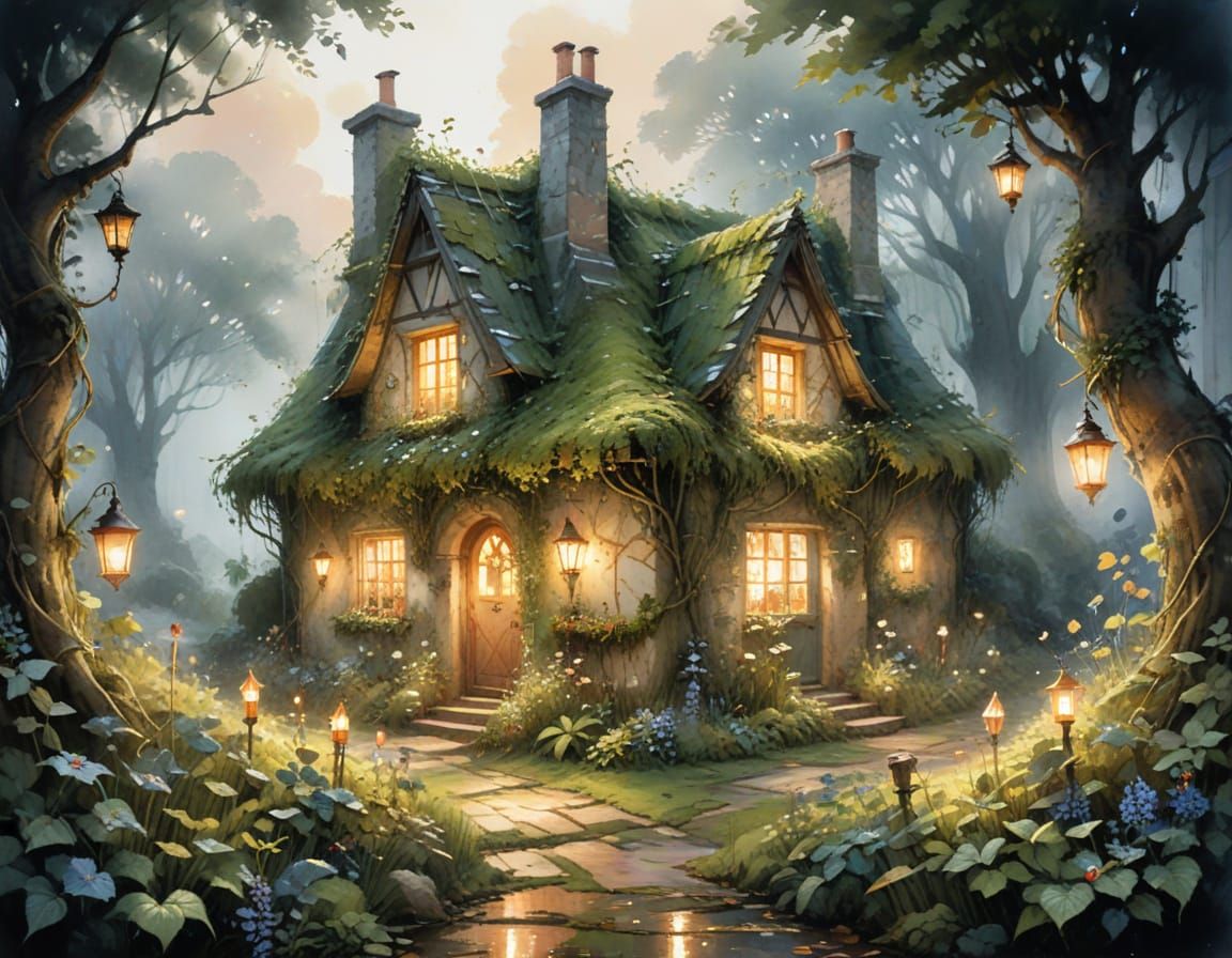 Enchanted Cottage in Ivy Maze: Watercolour Digital Art