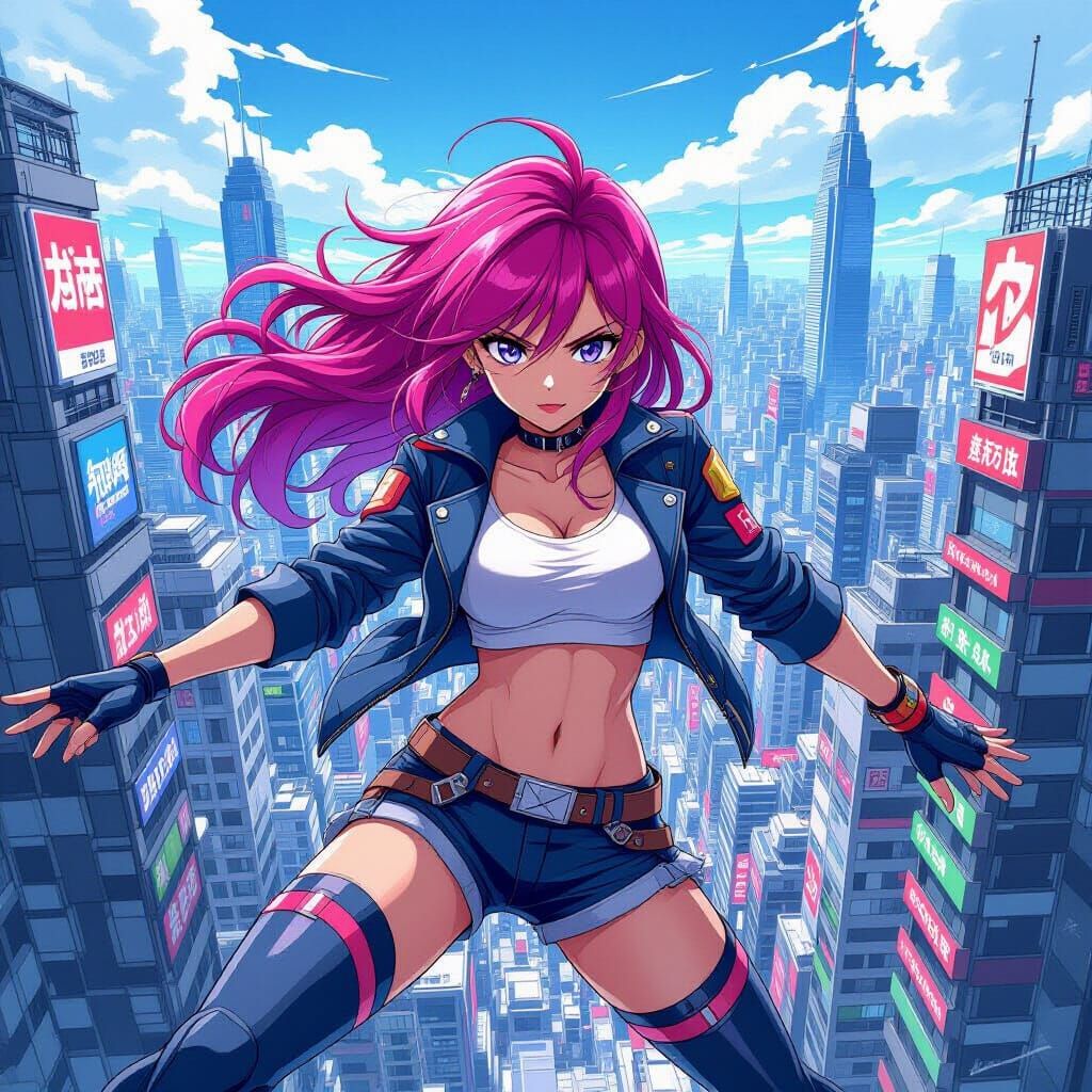 Dynamic Anime Character in Detailed Cityscape, Cel-Shaded St...