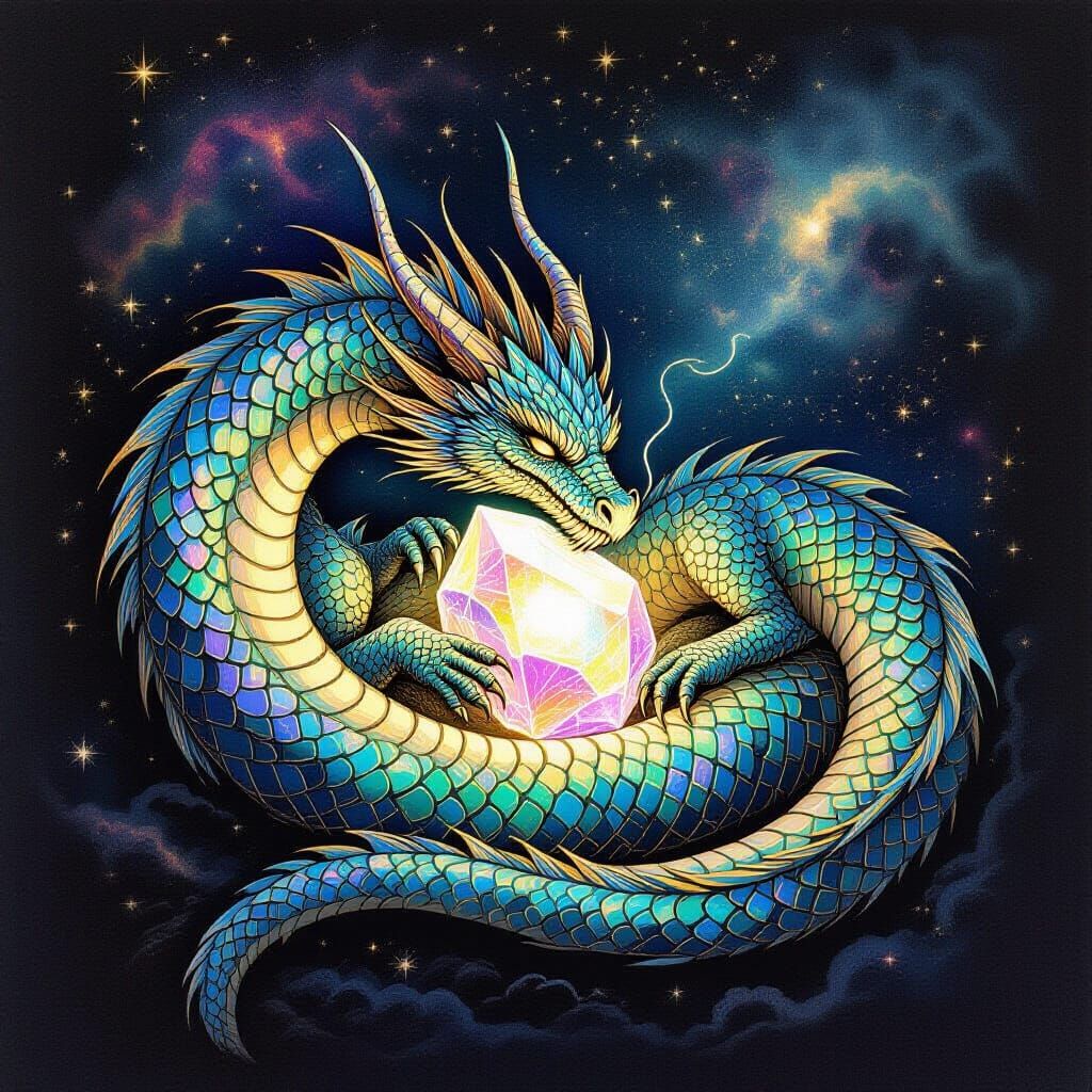 Ethereal Dragon Protects Glowing Crystal in Nebula