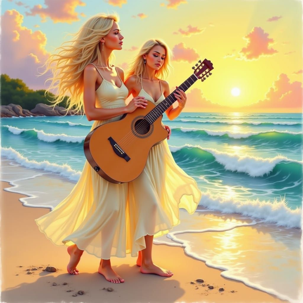 Woman Plays Guitar on Beach in Watercolor Style
