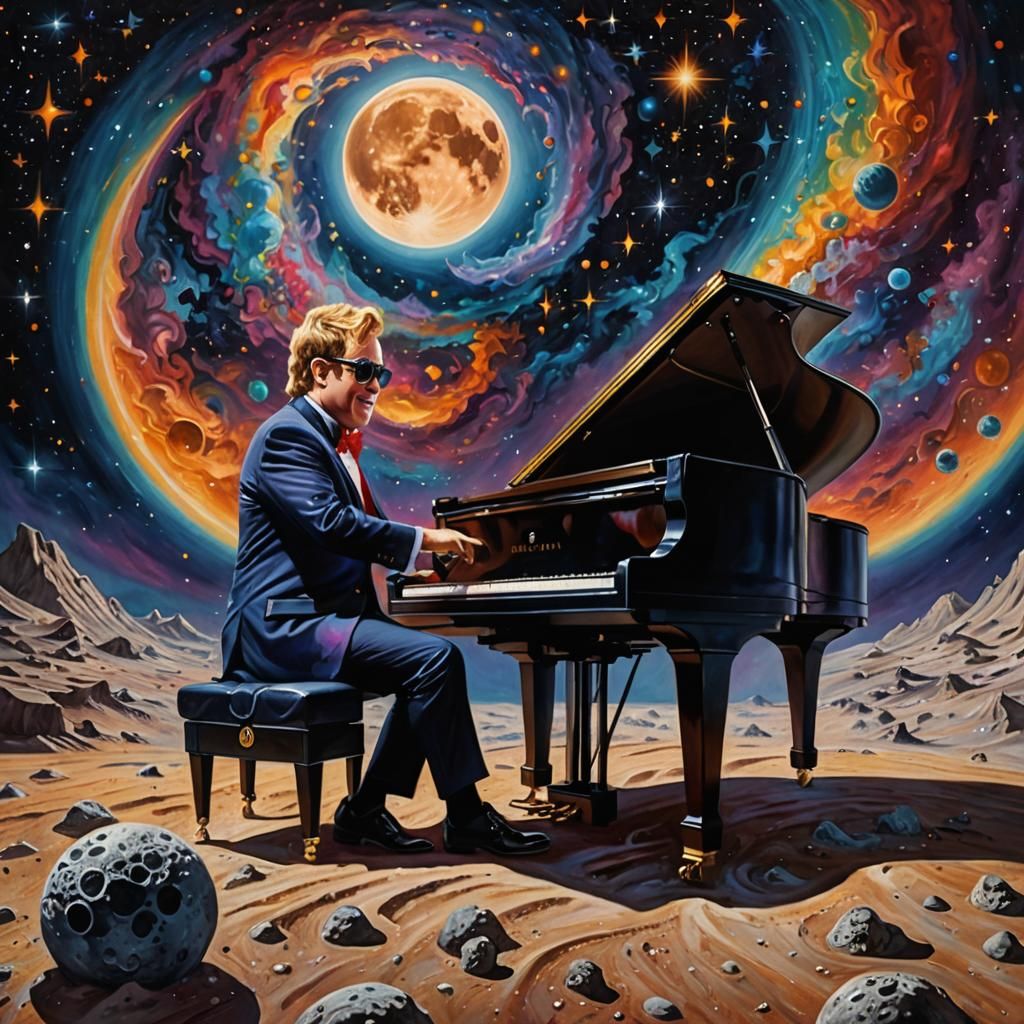 Elton John's Lunar Concert: A Vibrant Oil Painting