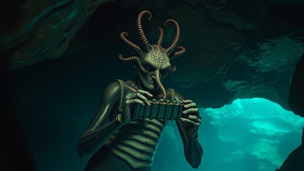 Eerie Merman Plays Harmonica in Underwater Cave