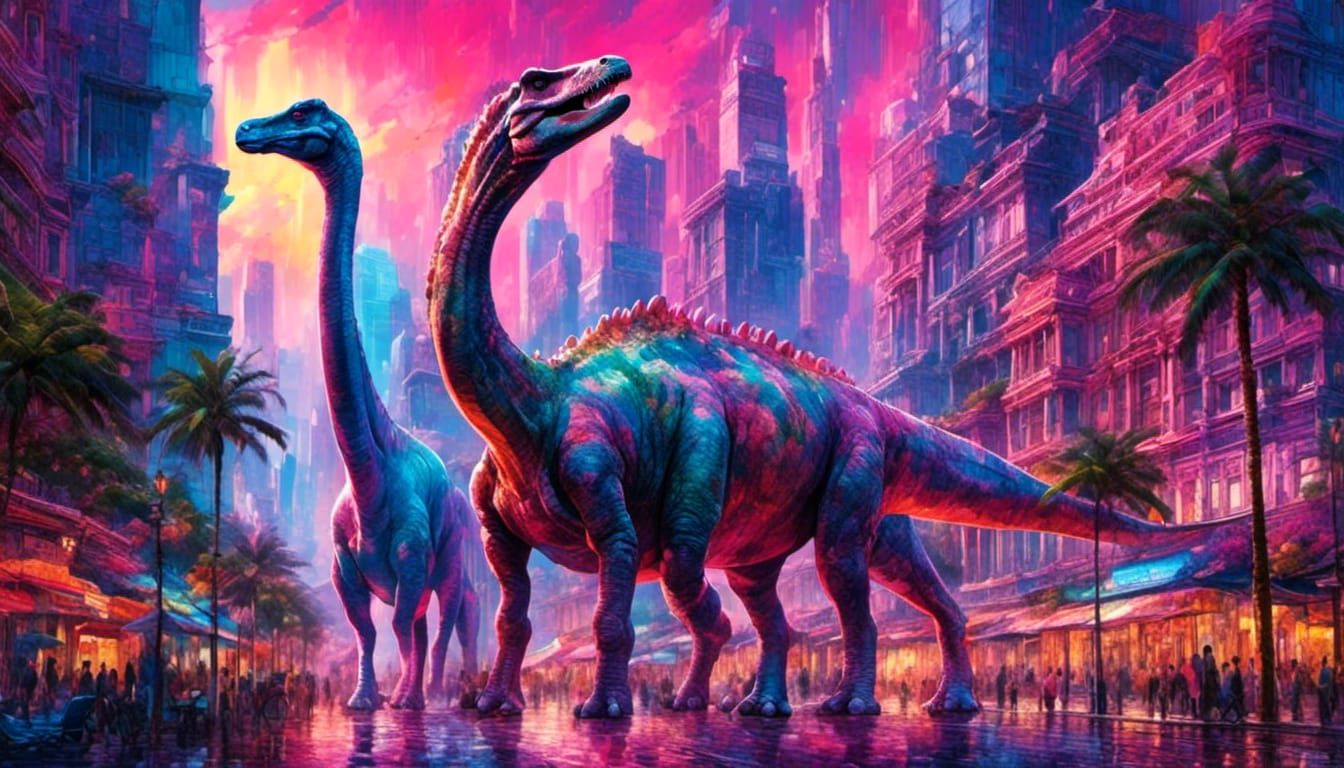 Six legged brachiosaurus in the vaporwave city😅