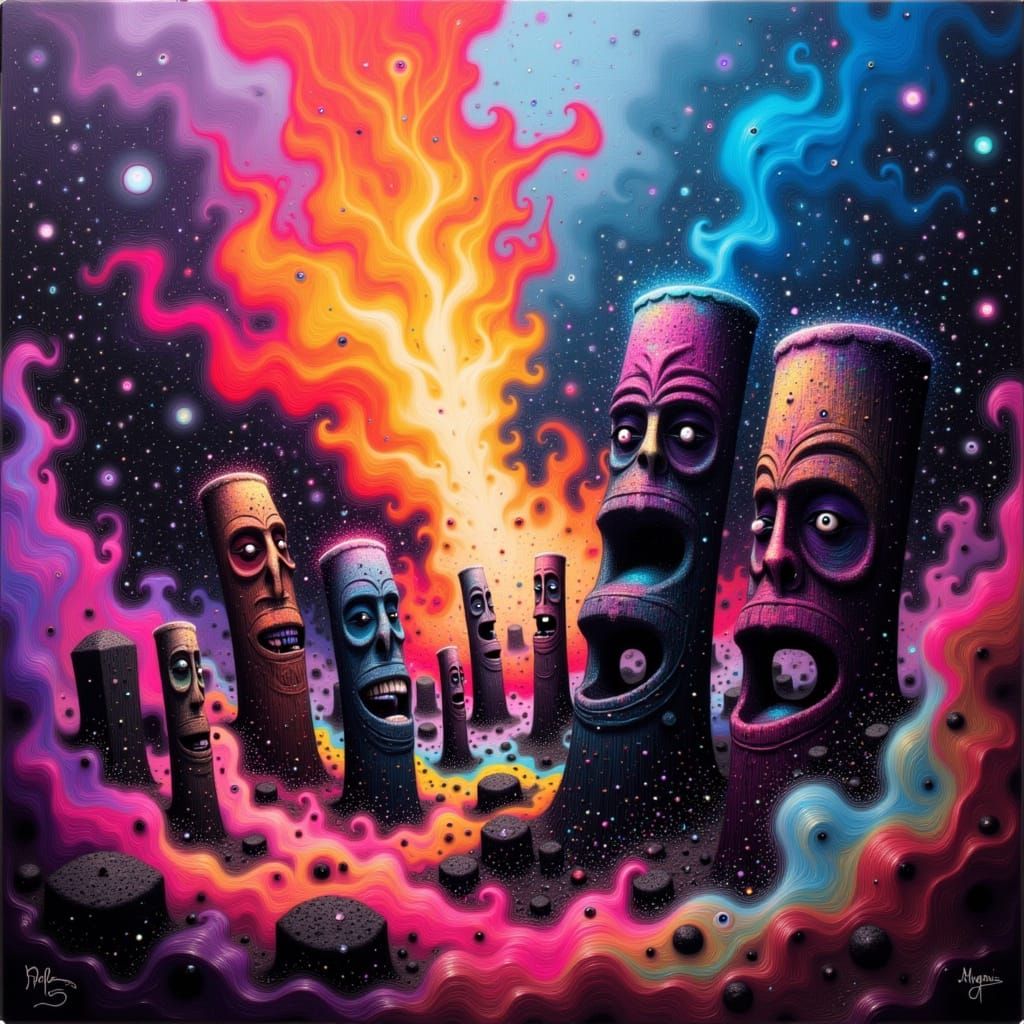 Tiki Figures Erupting in Cosmic Color Maelstrom