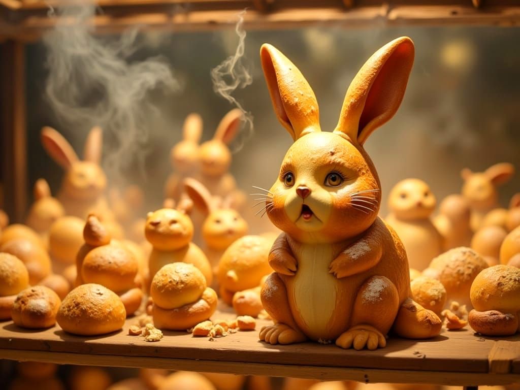 Shocked Bread Bunny with Icing Whiskers in Cozy Bakery