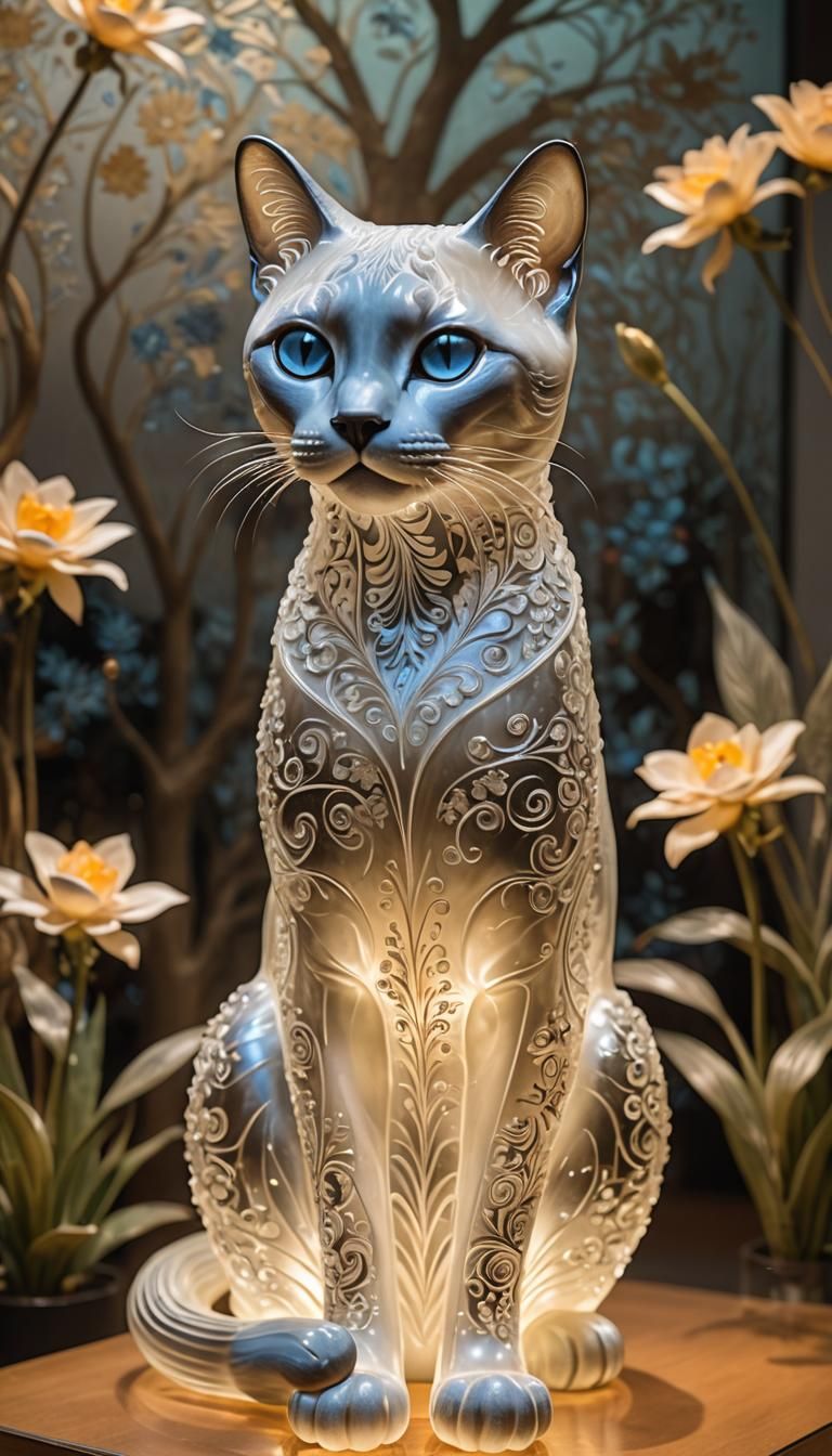 Frosted Glass Siamese Cat Sculpture with Floral Pattern