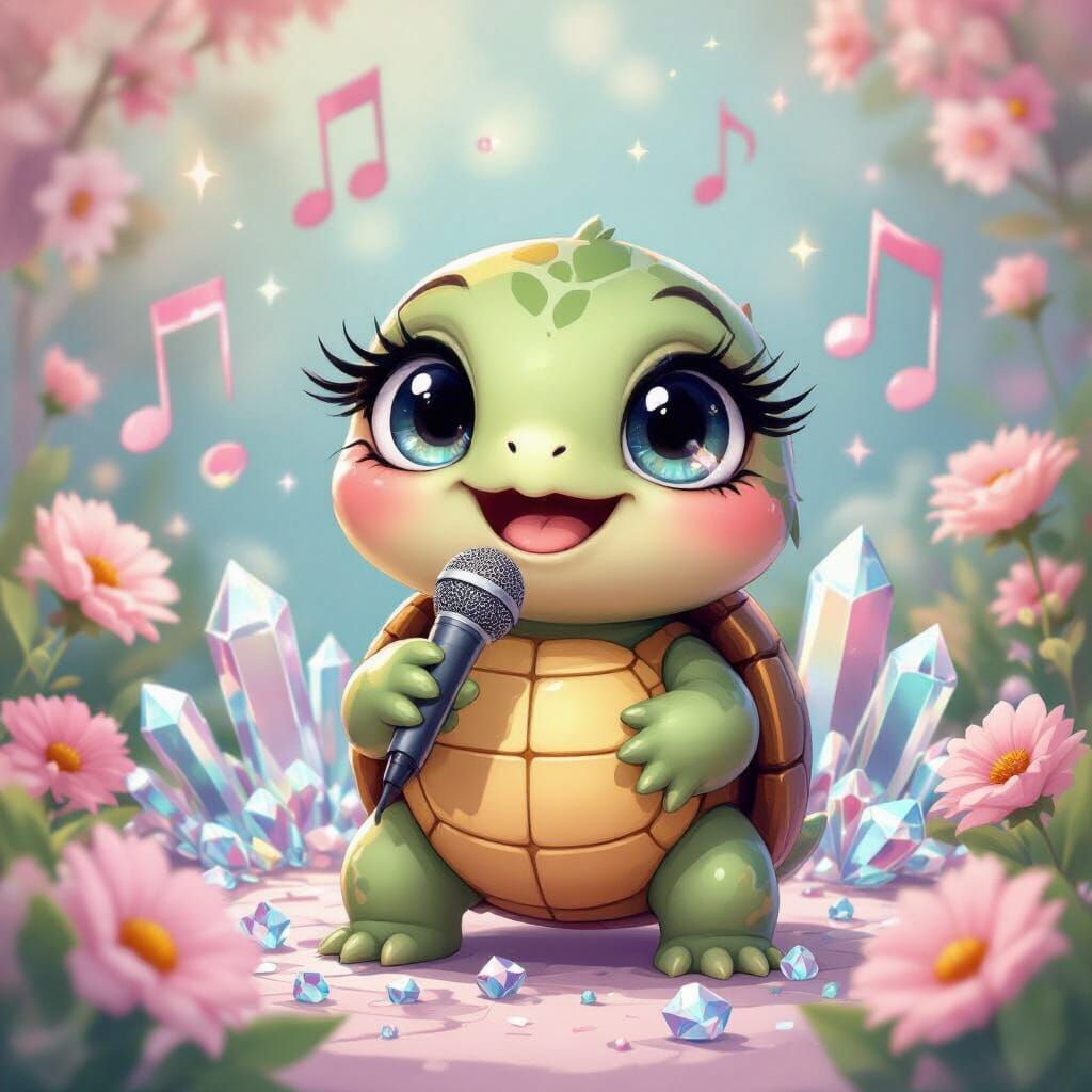 a hyper-realistic kawaii 🎶 singing 🎤 turtle with a large stage crystal-like structures. The turtle, big, expressive ey...