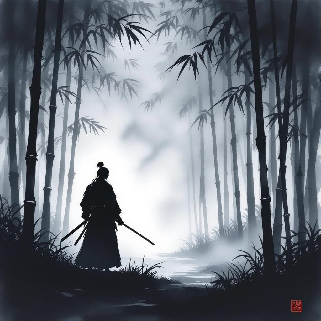 Samurai in Foggy Bamboo Forest - Japanese Ink Wash Style