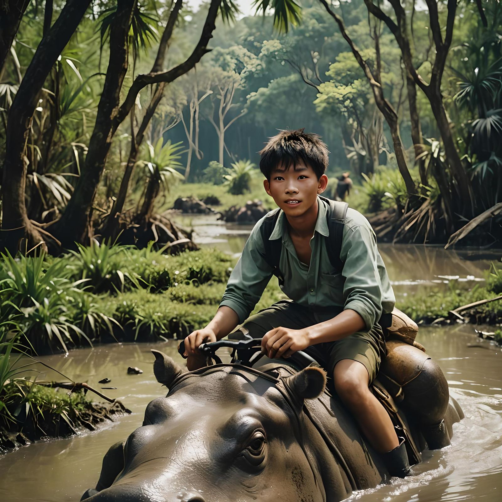 Happy Schoolboy Rides Hippo Through Swamp: Cinematic Film