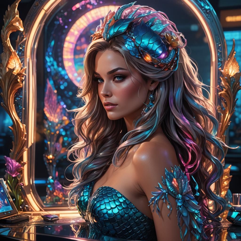 Mermaid Model Portrait in Mirrorsian Cyberpunk Style