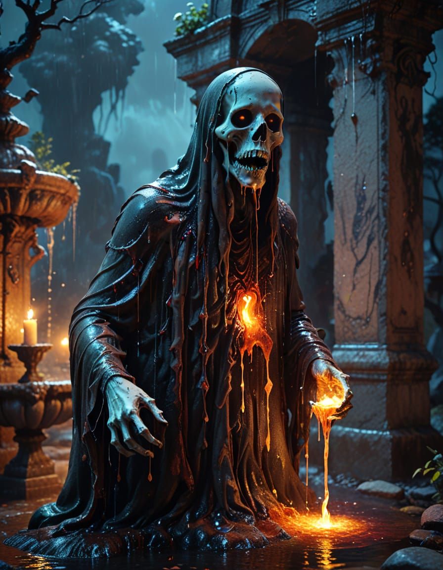 Soul-Eating Ghost by Fountain in Dark Fantasy Style
