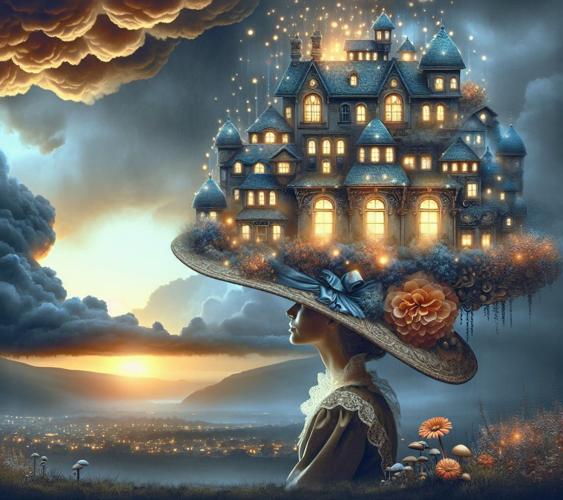 Woman with House Hat in Dreamlike Illustration