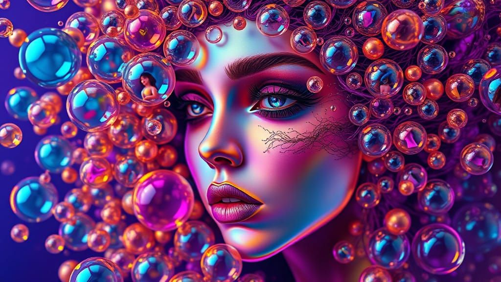 Iridescent Bubbles Form a Delicate, Intricate Woman's Face