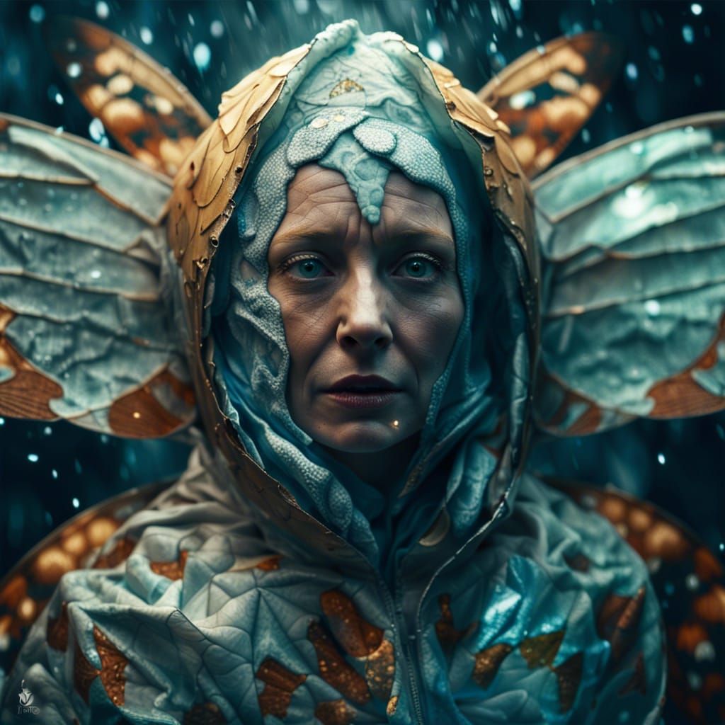 Surreal Moth-Woman Emerges in Geometric Landscape