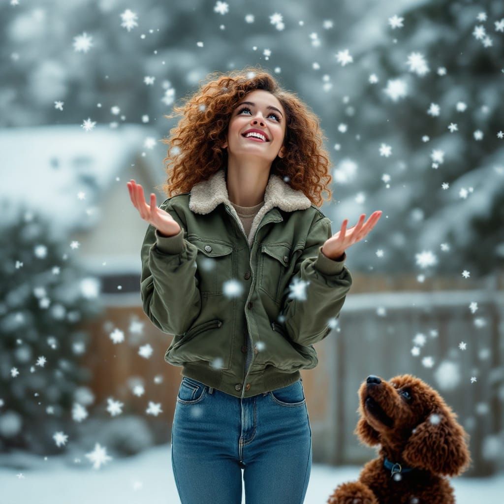 Woman in Snowy Suburban Backyard, Inspired by Cyberpunk Art