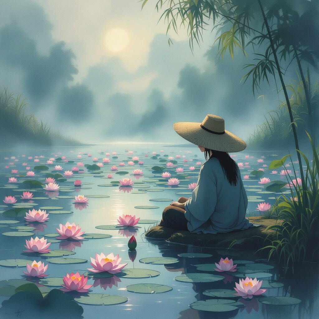 Peaceful Figure by Misty Lake with Lotus Blooms