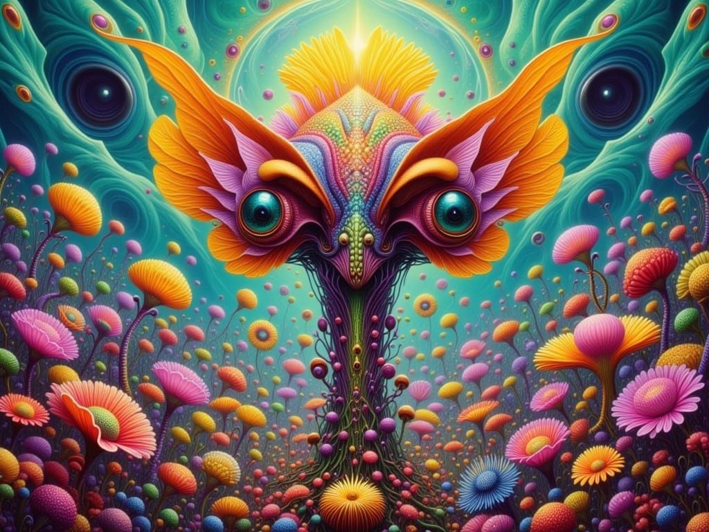 Hyperrealistic Alien Flower with Butterfly in Odd Landscape