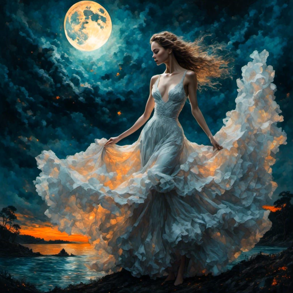 Magnificent Woman Under Moonlight, Expressive Brushstrokes