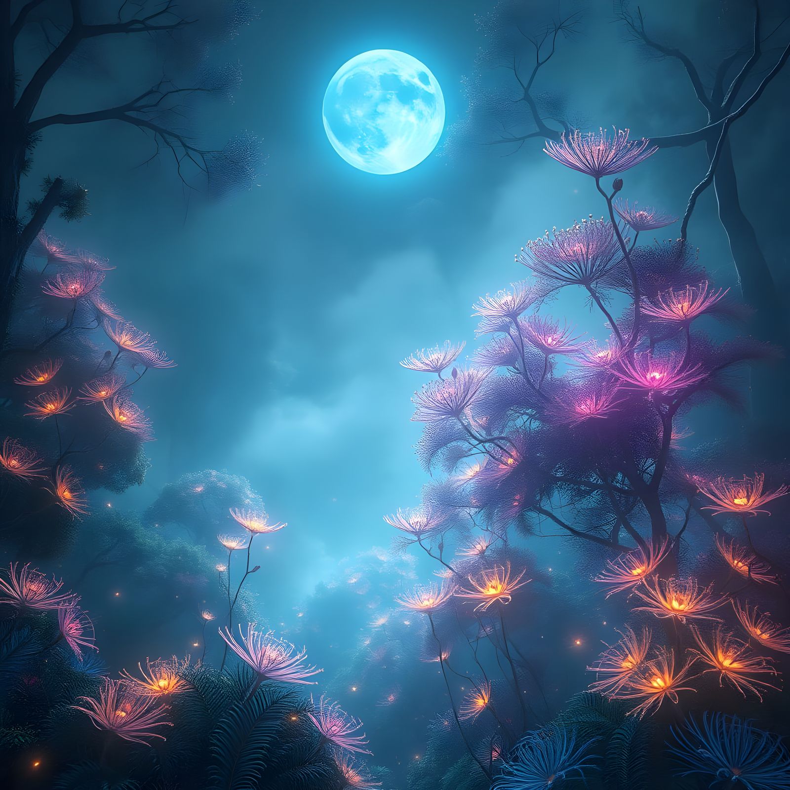 Luminous Forest Under Blue Moonlight