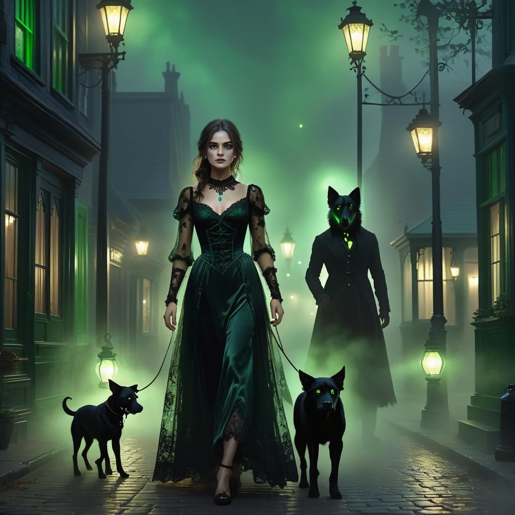 Victorian Woman with Glowing-Eyed Dog in Unreal Engine