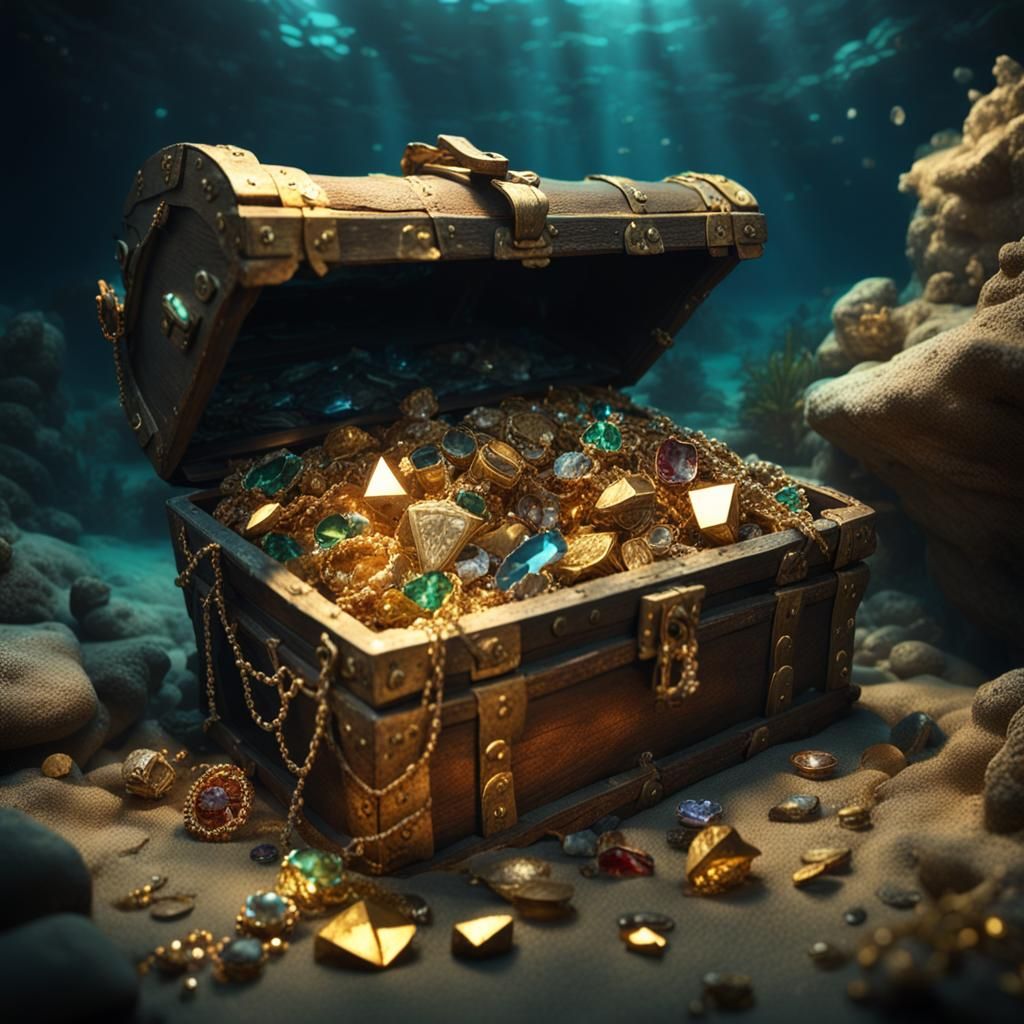 Sunken Treasure Chest in Underwater Cave
