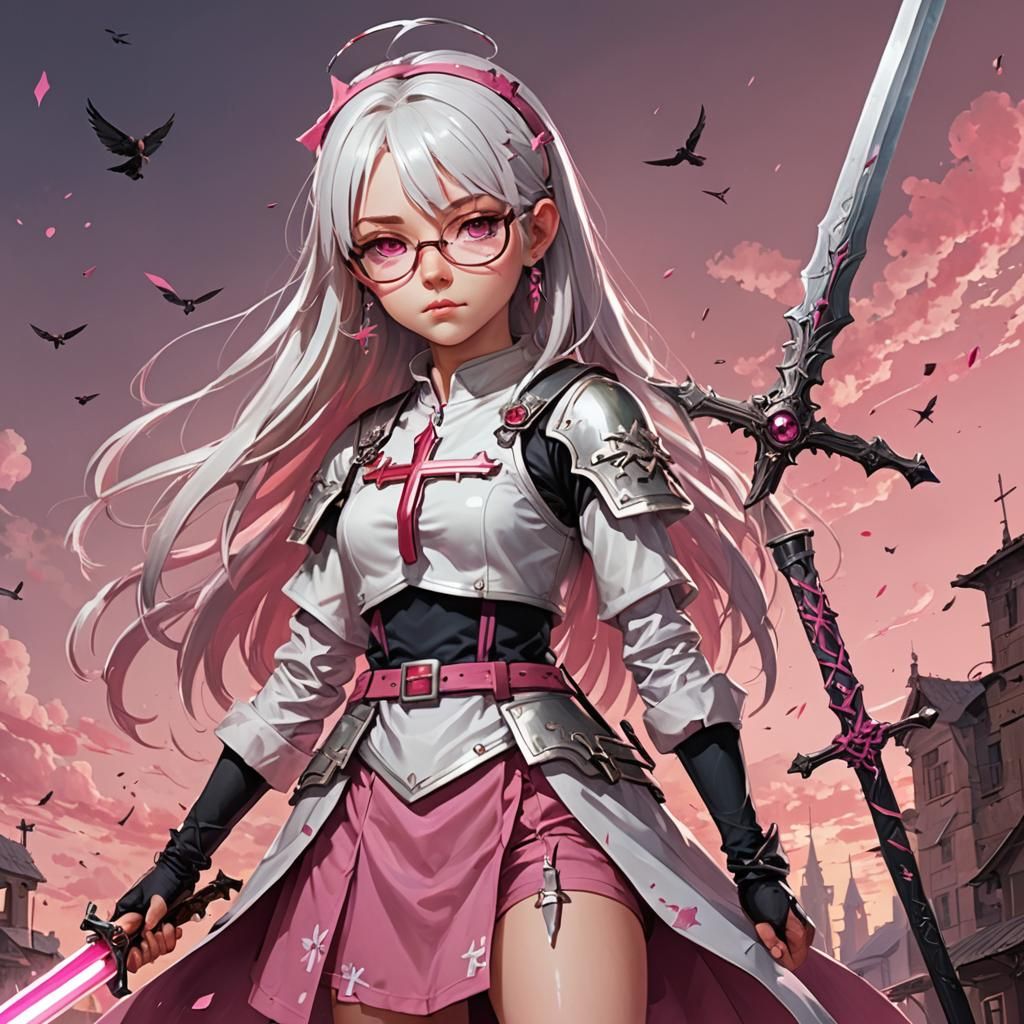 Anime Girl with Sword in Pink Forest