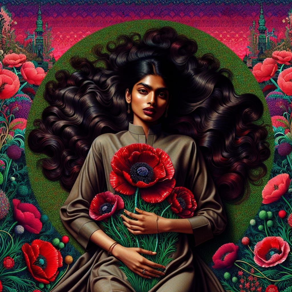 Dreamy Moonscape: Woman with Poppies in Pop Art Style