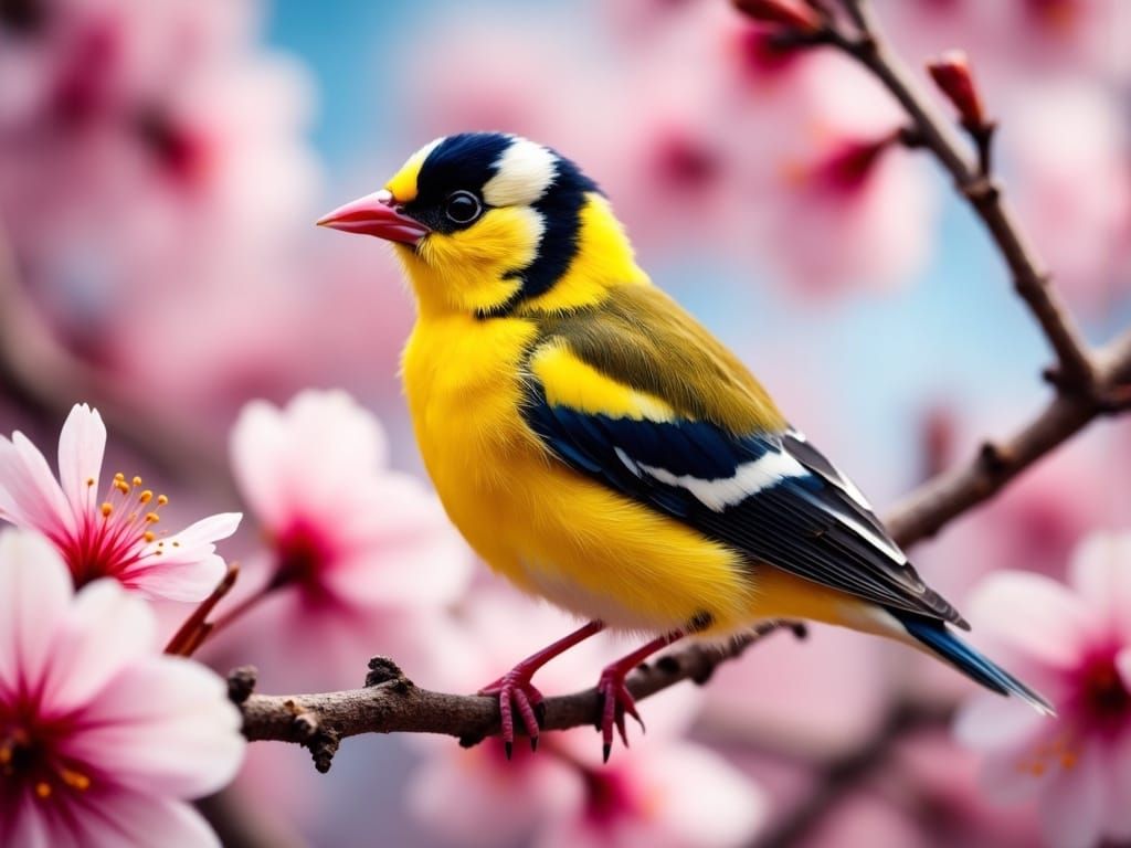 Vibrant Goldfinch in Cherry Blossom Tree