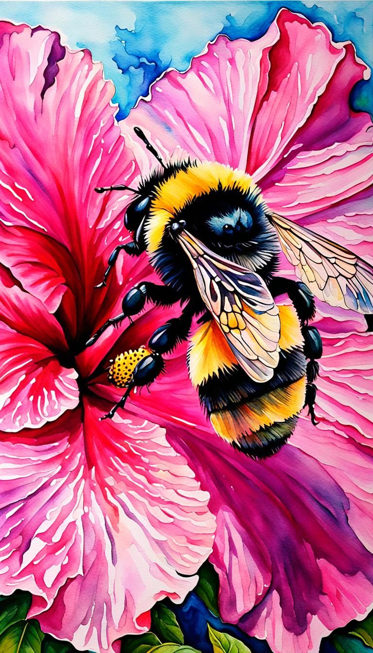 Pink Hibiscus Flower with Bumblebee in Watercolor
