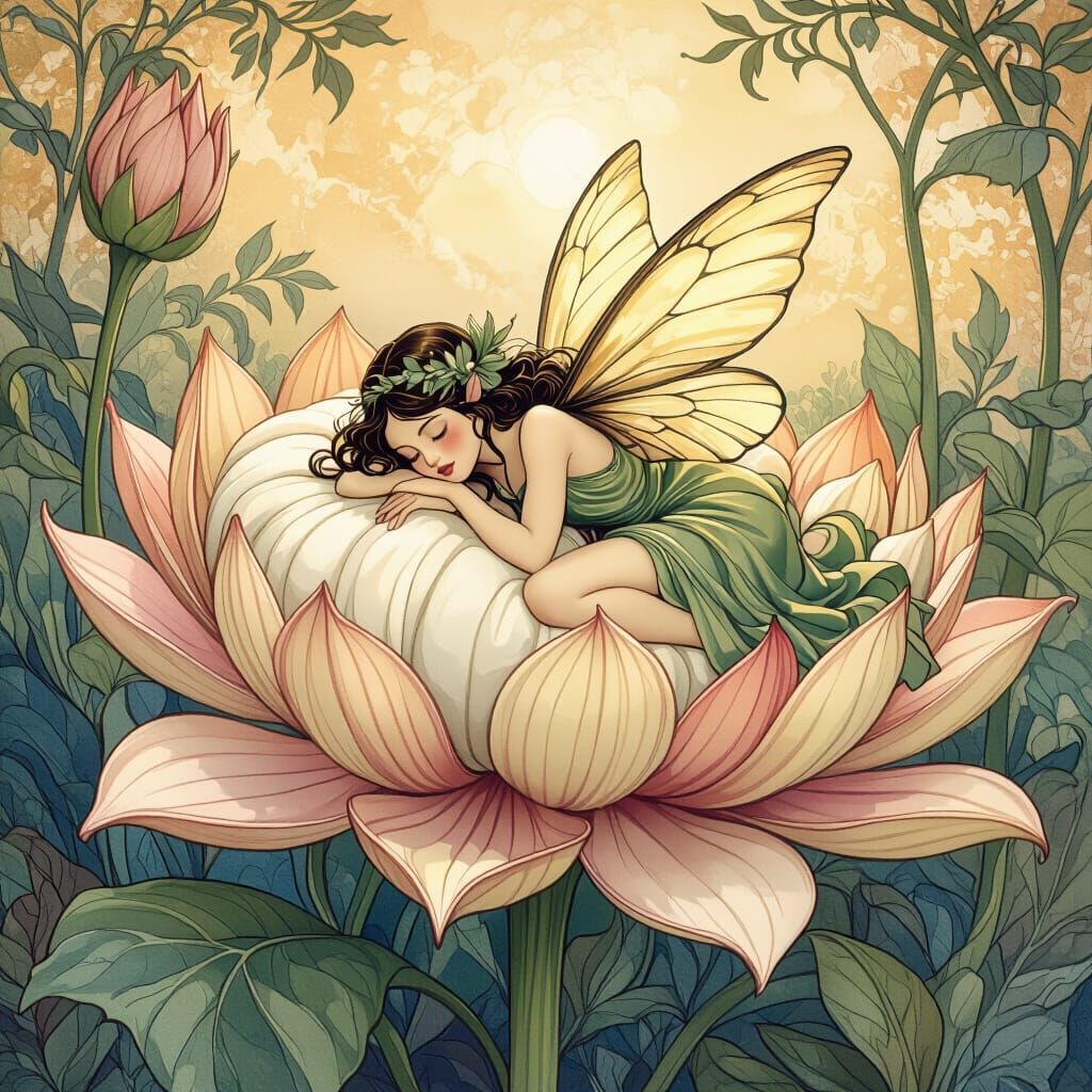 Sleeping Fairy on Flower in Arthur Rackham Style