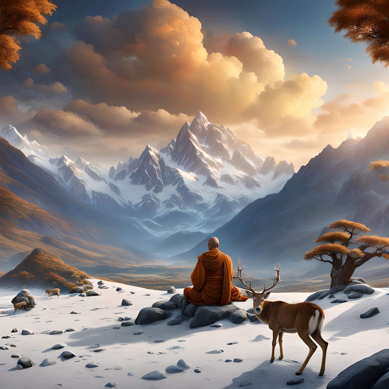 Meditative Monk With Wildlife in Mountain Landscape