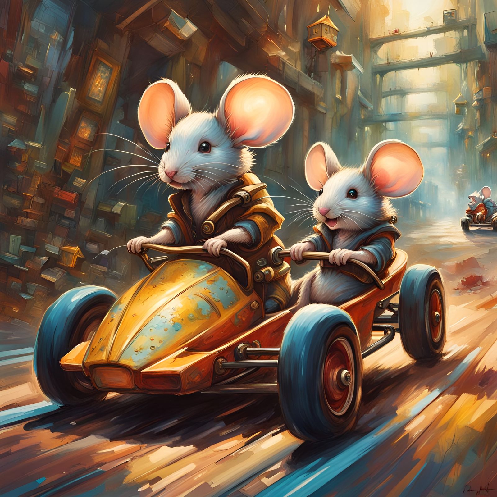 Mice Go-Kart Race in Anime Storybook Style