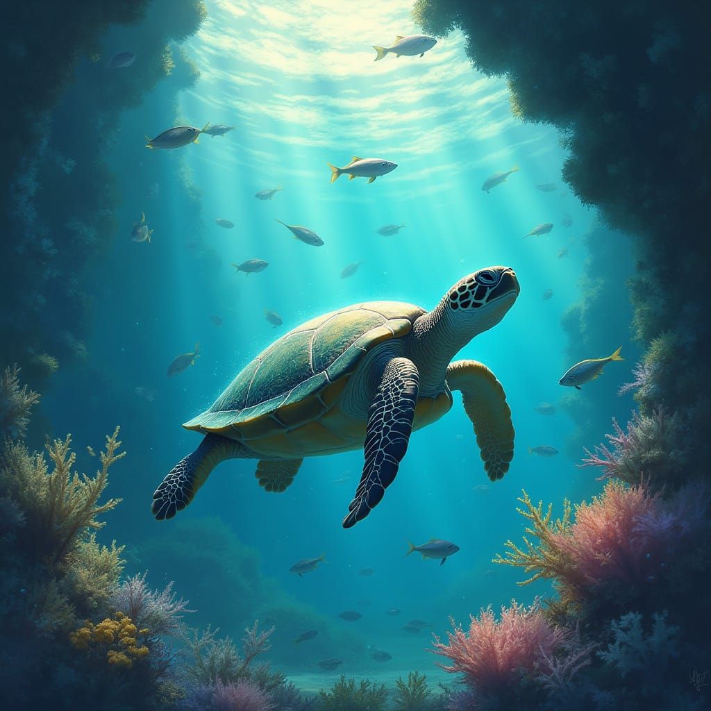 Turtle Enters Coral Tunnel in Dreamy Surrealism