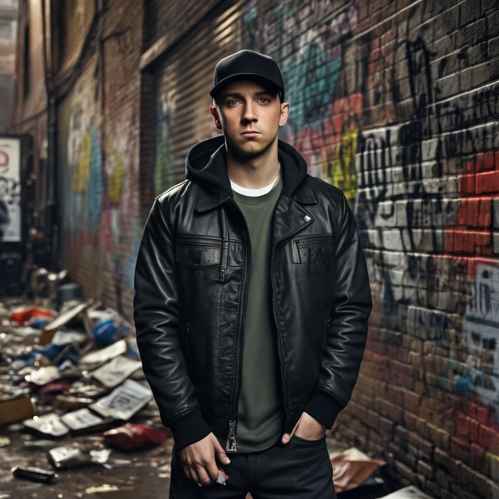 Eminem Portrait in Urban Alleyway: Gritty, High-Contrast Sty...