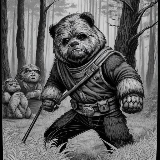 Ewoks in Forest: Black and White Comic Art