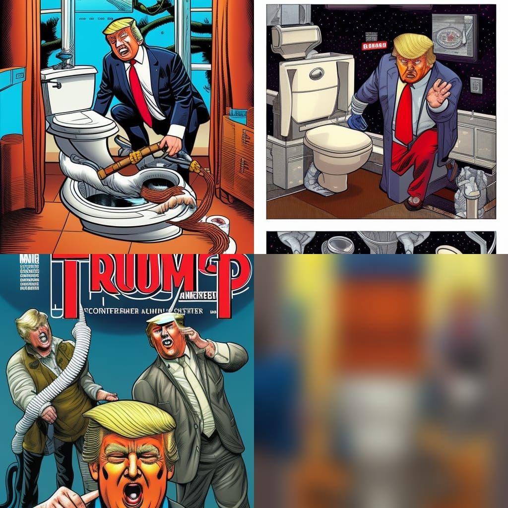 Trump Tries Unclogging Toilet: Comic Book Art