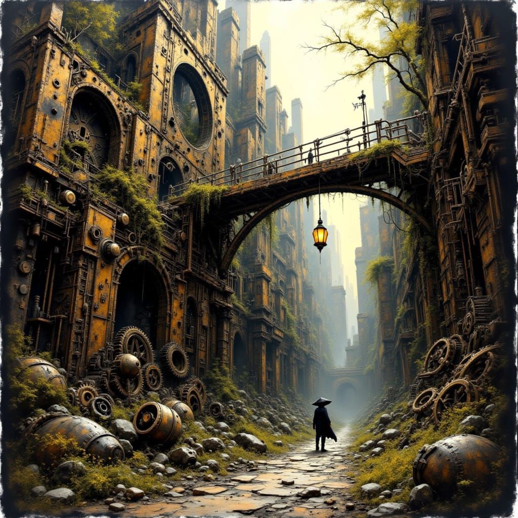 Steampunk Clockwork City with Vines and Lantern