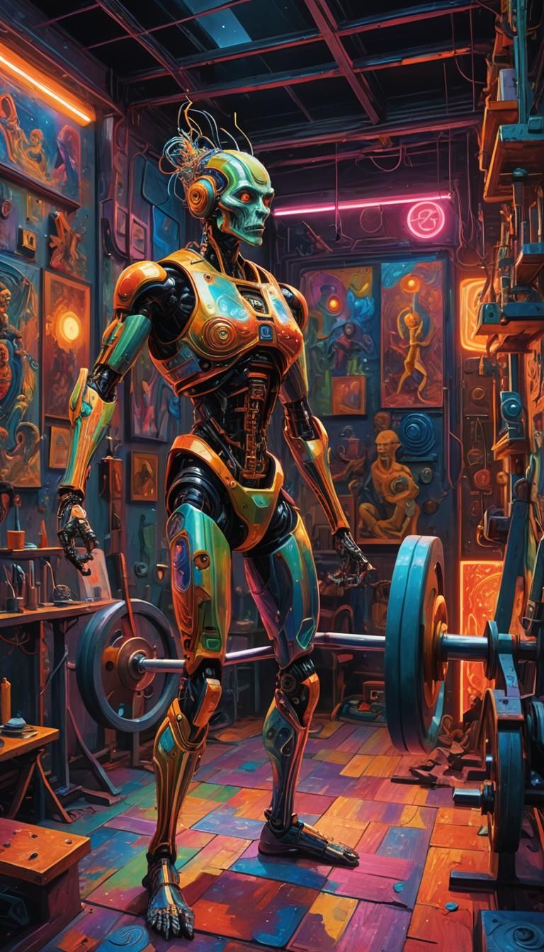 Futuristic Gym: Woman and Robot in Psychedelic 3D Oil