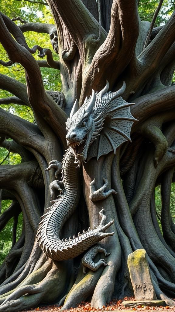 Detailed Dragon Carving Around a Living Tree