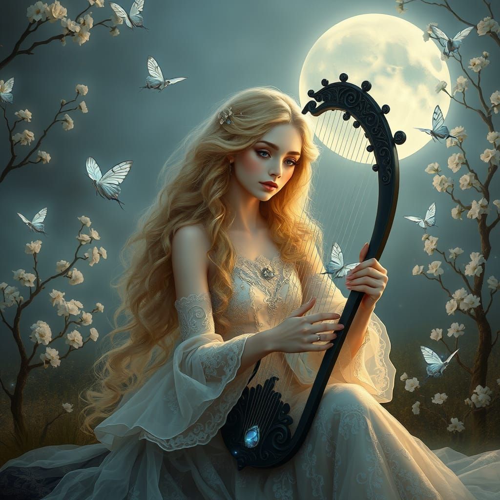 Enchanting Woman Plays Crystalline Harp Under Full Moon