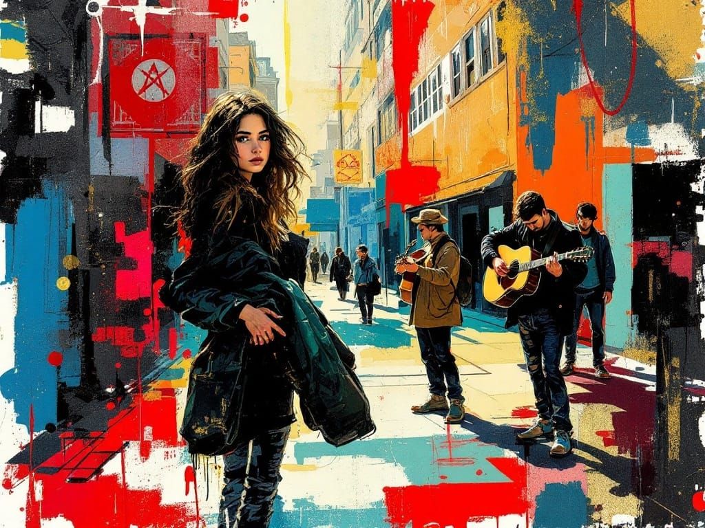 Woman with Guitar Case in Neo-Expressionist Style