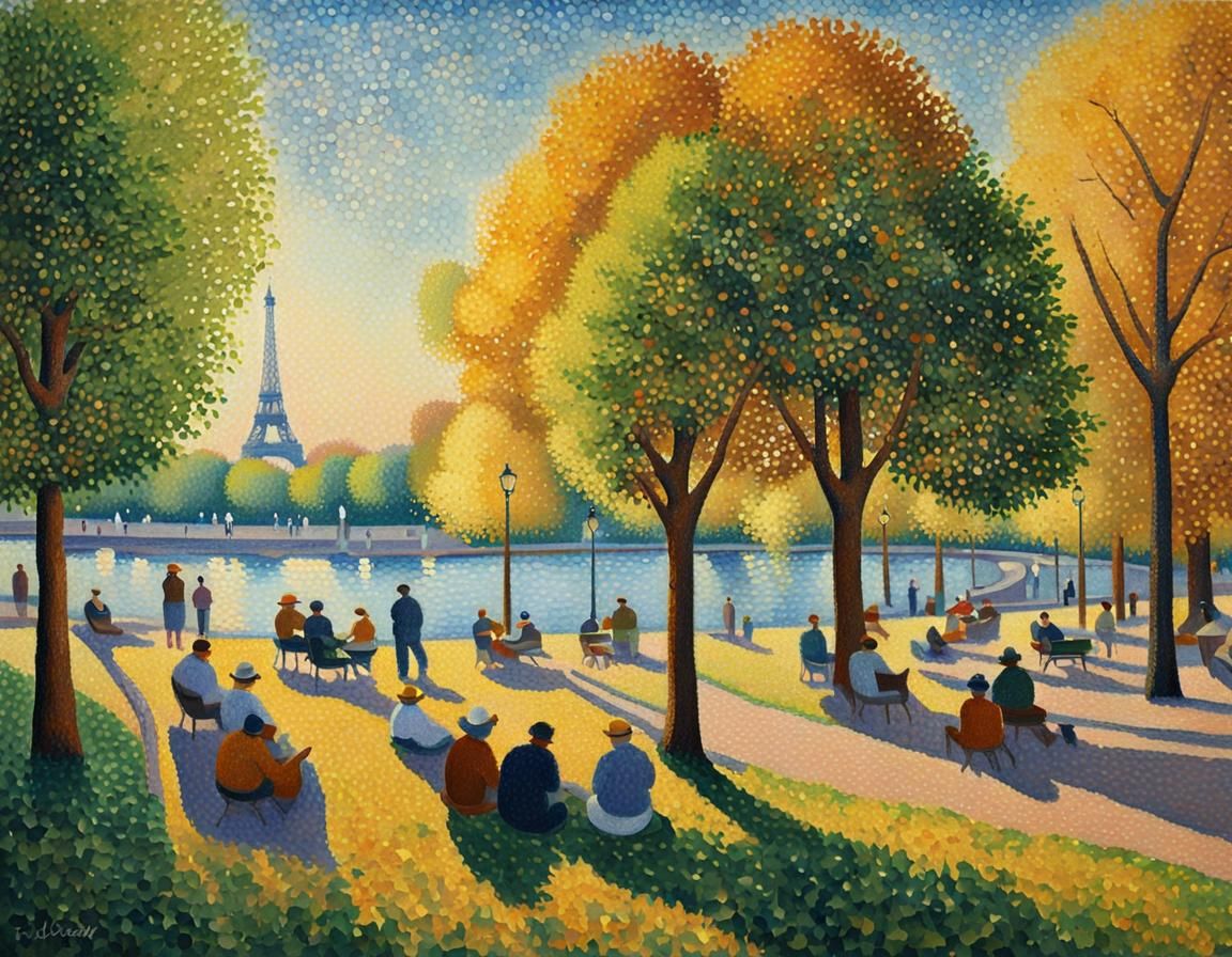 Pointillist Parisian Park Scene in Style of Seurat