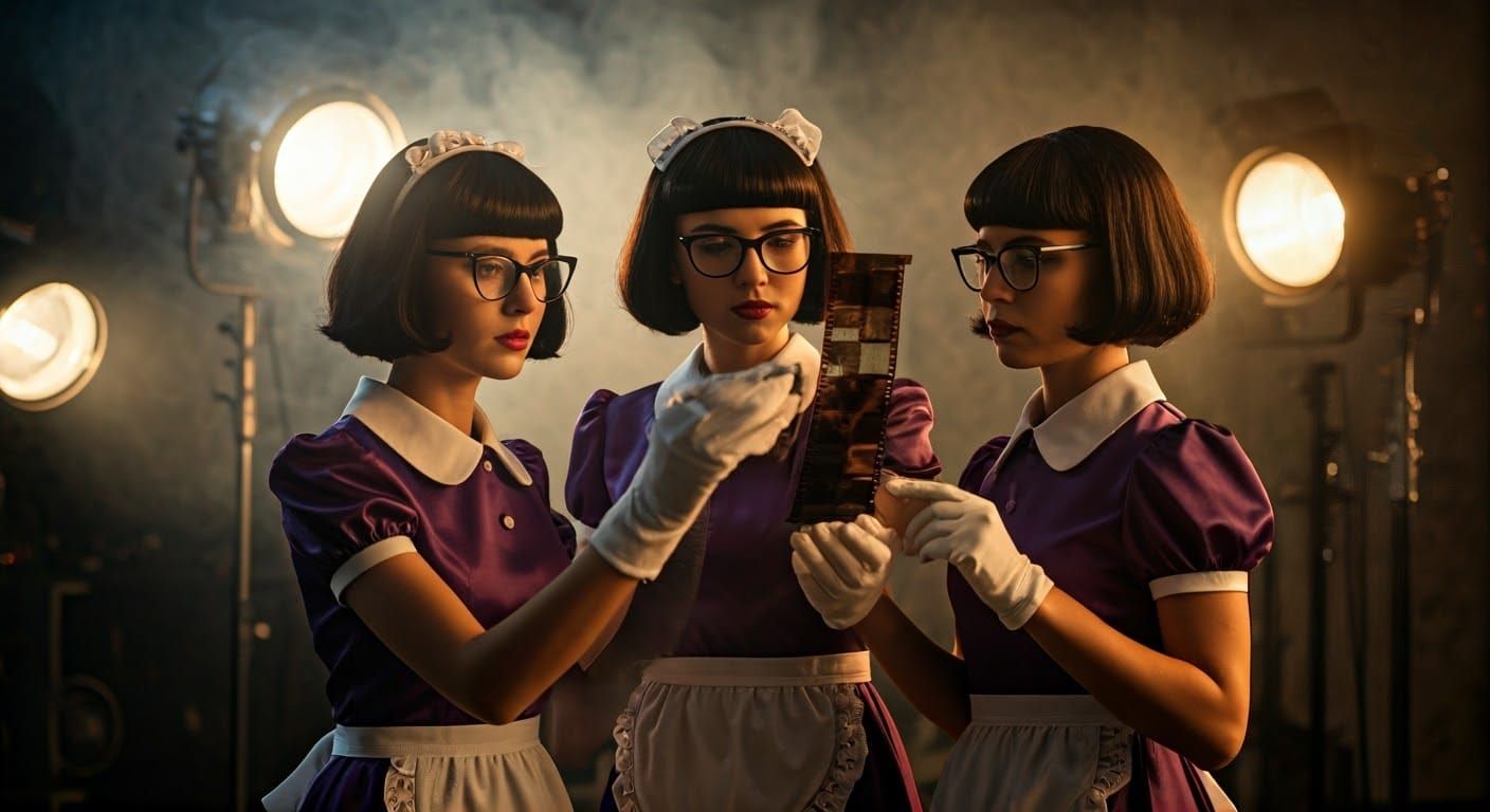 Retro Film Studio Scene with Women Inspecting Film
