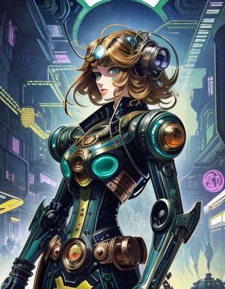 Art Nouveau Sci-Fi Poster with Robot and Cyborg