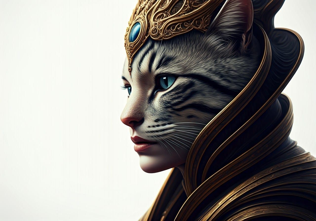 Regal, Hyperrealistic Portrait of a Woman-Cat Hybrid