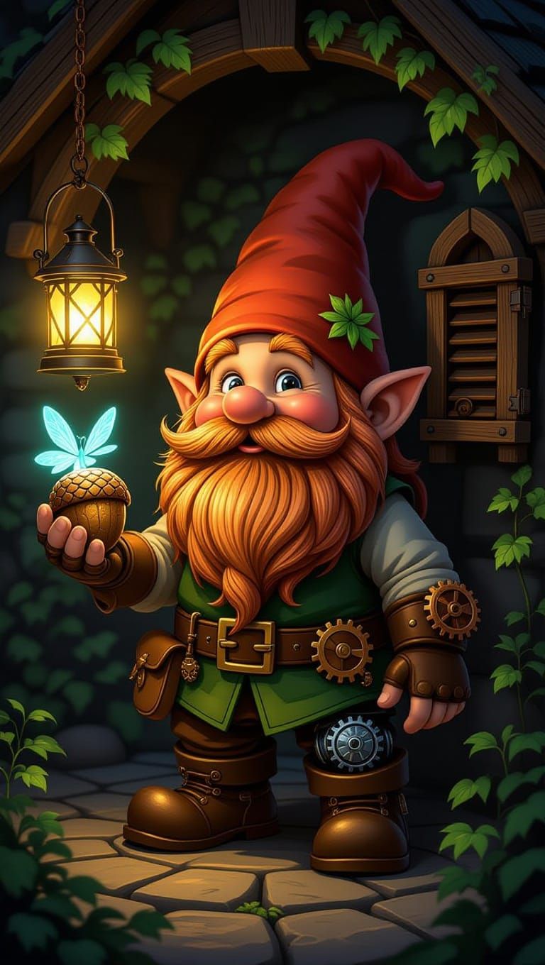 Gnome in Whimsical Gear-Fruit Prosthetic, with Fire Sprite a...