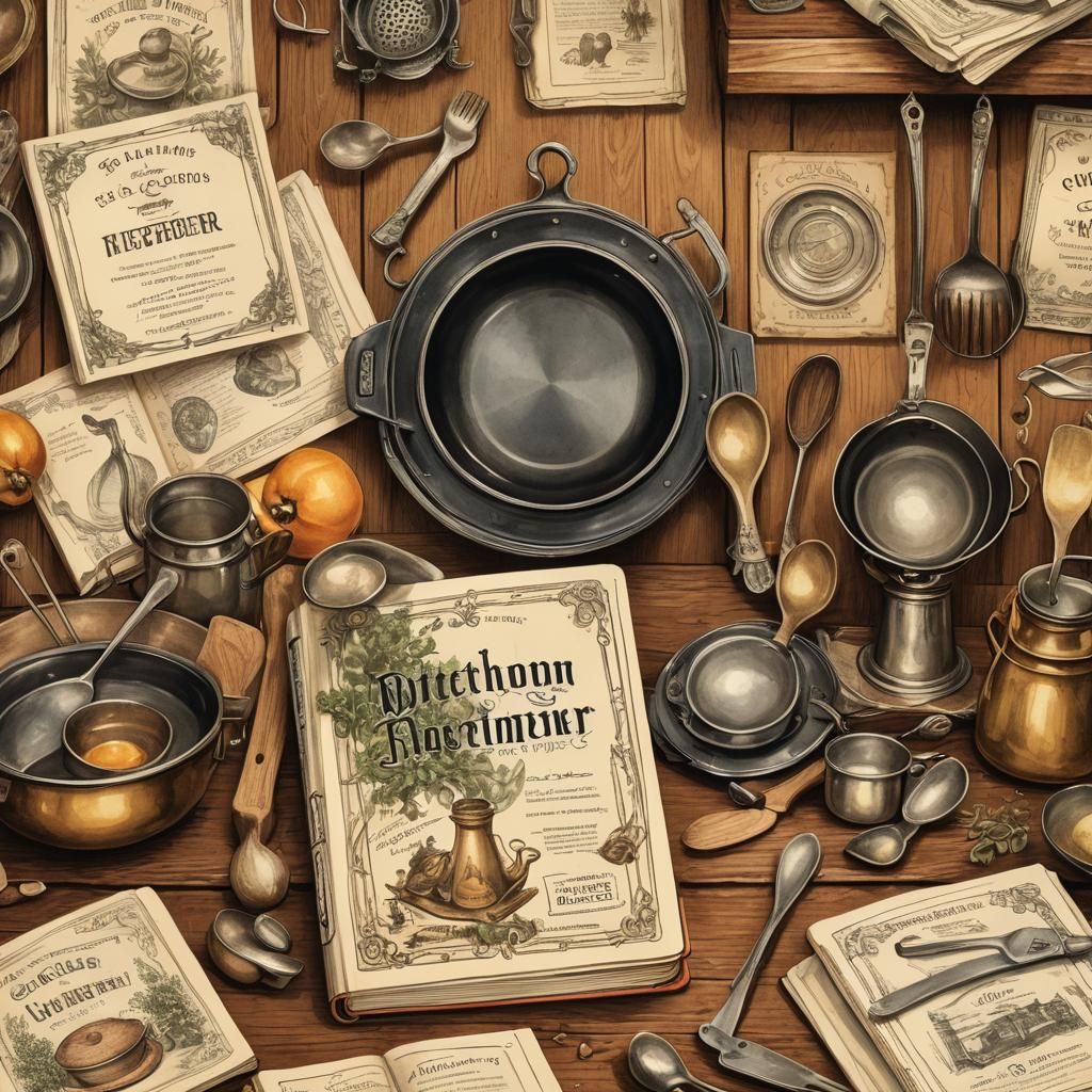 Vintage Cookbook Illustration with Victorian Kitchen Scene