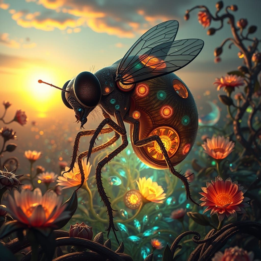 Dreamlike Surrealism: Hybrid Creature in Sunset Labyrinth